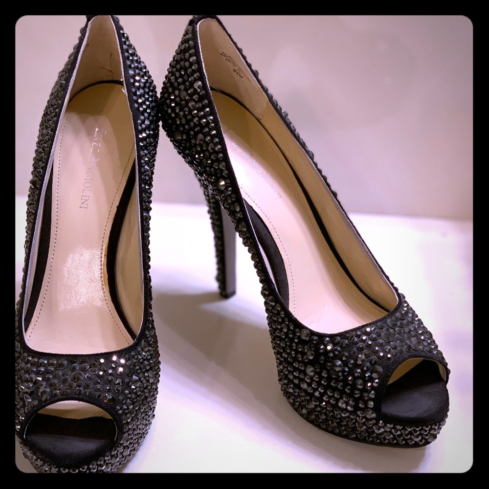 Sparkly black peep toe heels